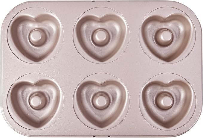 Heart Donut Pan, 6 Cavity Donut Mold Heavy Duty Steel Non-stick Heart Shaped Bund Pans Pattern Doughnut Bakeware for Oven Baking (Champagne Gold)