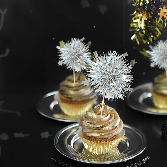 Ephlyn 30Pcs Foil Firework Cupcake Toppers Party Birthday Cake Toppers Supplies Sparkle Tinsel Cocktail Fruit Toothpick for Birthday Wedding Graduation Party Silver