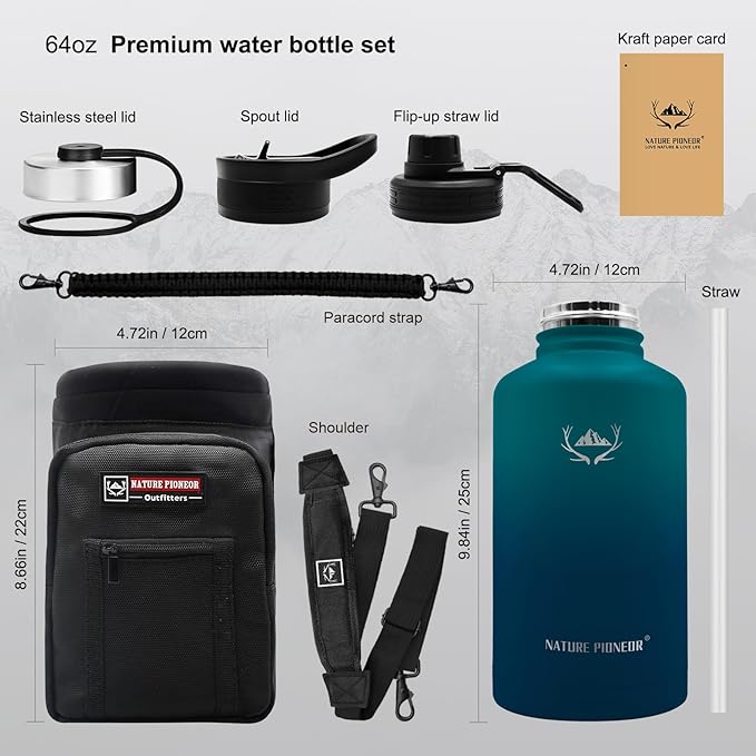 NATURE PIONEOR Insulated Water Bottles with Straw - 64oz Stainless Steel Vacuum Bottle with Holder/Carrier/Sleeve - Reusable 18/8 Food Grade Half Gallon Water Jug