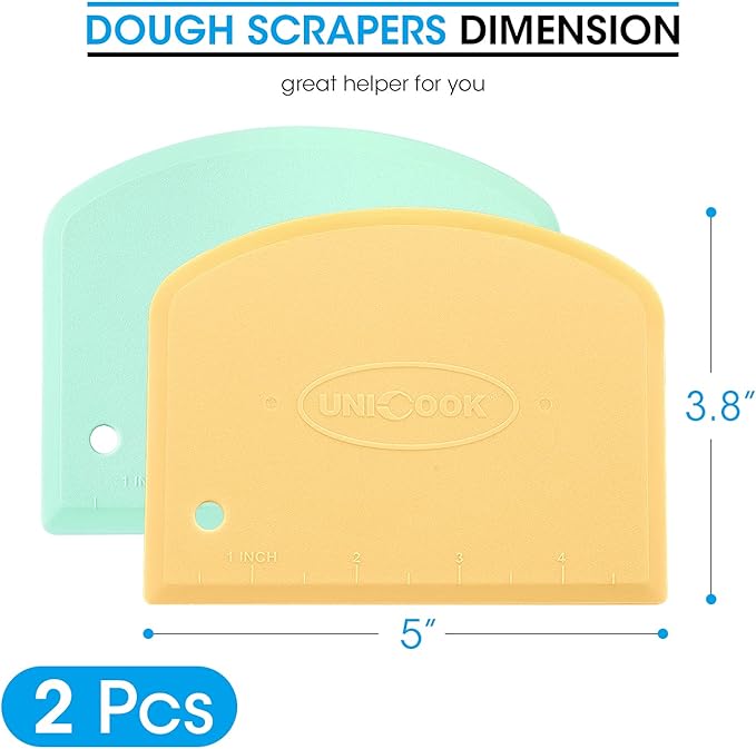 Unicook Dough Scraper, Flexible Bowl Scraper, Nonslip Bench Cutter with Measurement, Pastry Chopper, Multipurpose Kitchen Tool for Dough, Pastry, Pizza, Bread, Baking, Cake and More, 2 Pack