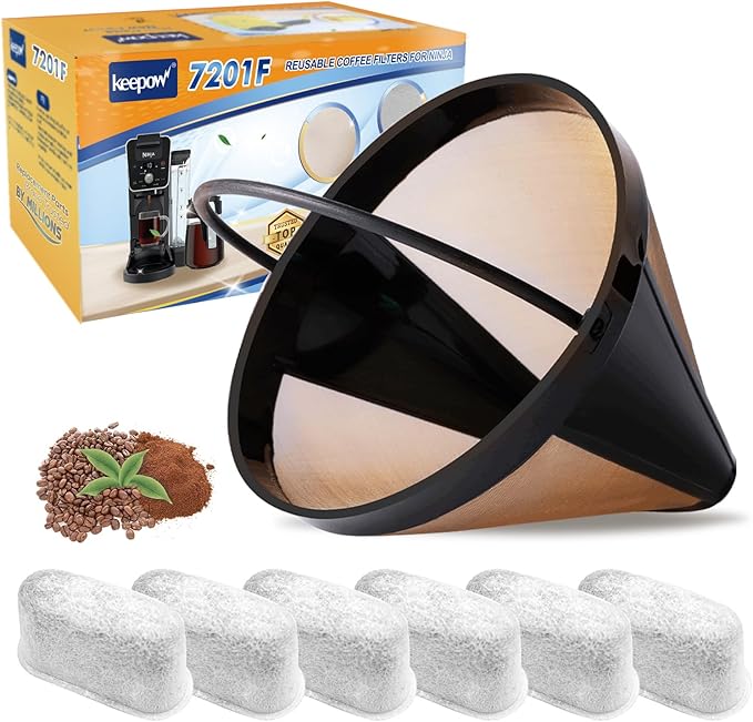 KEEPOW Reusable Coffee Filter Replacement 14 cup Compatible with Cuisinart DCC-3200 DCC-1200 Coffee Maker, Gold Tone Coffee Filter Basket 10 12 14 Cup, 1+6