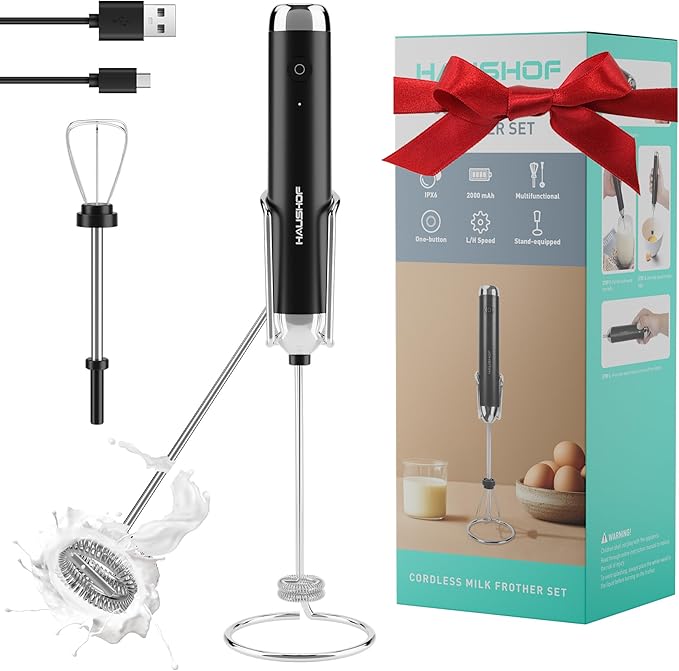HAUSHOF Powerful Rechargeable Milk Frother Wand with Stand, Handheld Electric Foam Maker, Drink Mixer with 2 Detachable Stainless Steel Whisks 2 Speeds for Coffee Latte, Cappuccino, Matcha, Black