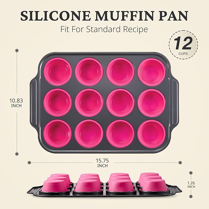 BRONYPRO Silicone Muffin Pans for Baking with Metal Frame, Egg Bite Molds, Cupcake Pans 12 Regular Size, Muffin Tins Easy to Pop Nonstick Non Toxic Bakeware for Oven,Rose Pink