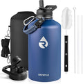 One Gallon Water Bottle Insulated, Triple Walled Vacuum Stainless Steel (Cold for 48 Hrs), Leak Proof & Non-BPA, Large Water Flask Jug with Paracord Handle & Straw Spout Lids