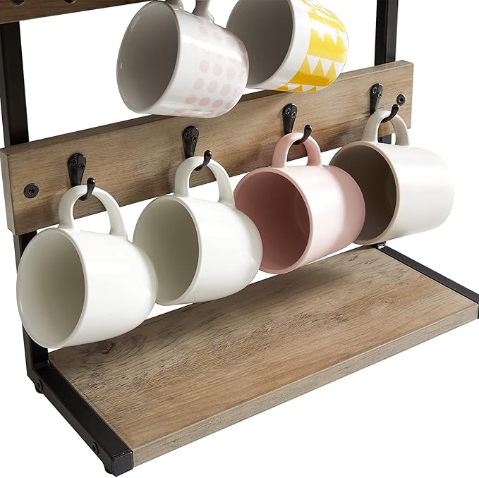 IBUYKE Rustic Coffee Mug Holder Stand, 2 Tier Countertop Mug Tree Holder Rack with Storage Base, Vintage Mug Holders for Kitchen, Holds 8 Mugs, Beige UTBJ002Y