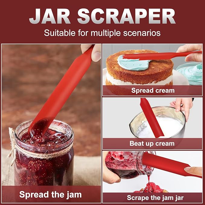 Walfos Silicone Jar Spatula - High Heat Resistant Kitchen Spatulas(450°F）,Cake Cream Butter Spatulas, for Cooking Mixing -BPA Free and Dishwasher Safe Mixing Batter Scraper Spatula, Red(2pcs)