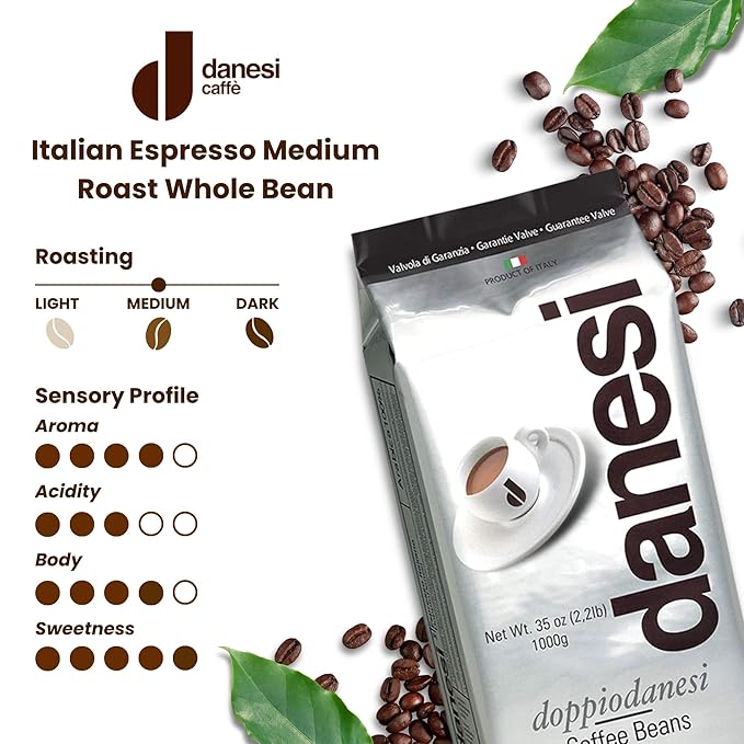 Danesi Caffe Italian Whole Coffee Beans - Espresso Coffee Beans and Medium Roast Whole Bean - Perfect for Espresso Machines, French Press, and Home Brewing - Doppio (4.5 lb)