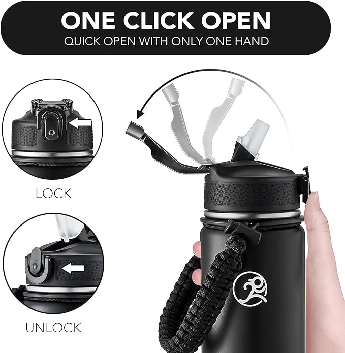 GOSWAG Insulated Sports Water Bottle, 24oz 2 Lids(with Straw/No Straw), Stainless Steel Water Bottles with Paracord Handle, Insulated Bottle with Double-Wall Vacuum Insulation