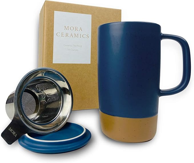 Mora Ceramics Large Tea Mug with Loose Leaf Infuser and Ceramic Lid, 18 oz, Portable, Microwave and Dishwasher Safe, Tall Coffee Cup - Rustic Matte Ceramic Glaze, Modern Herbal Tea Strainer, Deep Blue