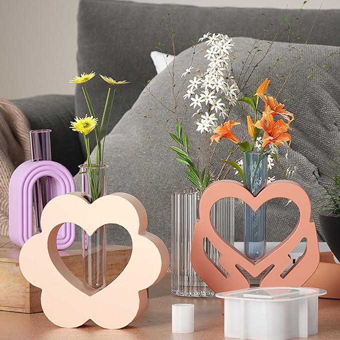 Heart Resin Vase Mold with Test Tube Culture Water Plant Silicone Molds for Crafts Epoxy Resin Casting Mold for DIY Flower Holder Home Office Decor Wedding (Style 3)