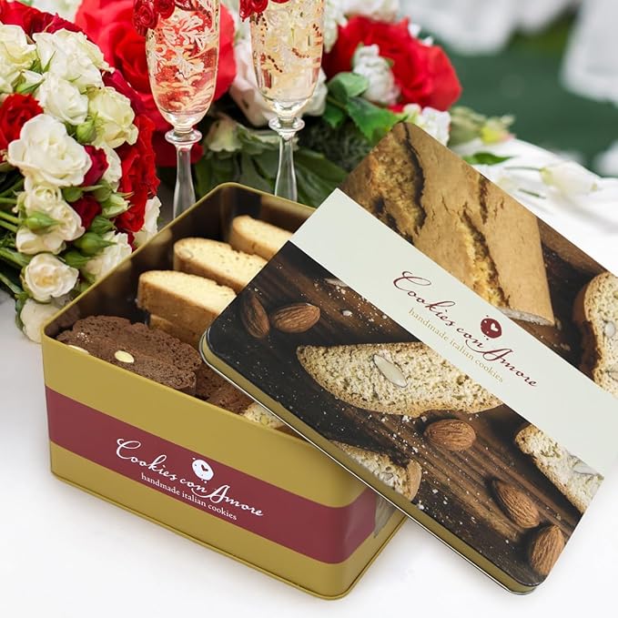 Italian Biscotti Cookie Gift Box, 30+ Pieces Individually Wrapped Gourmet Biscotti - 2Lb Square Tin with Authentic Italian Cookies for Holliday Gifting, Coffee Pairing, and Christmas Celebrations