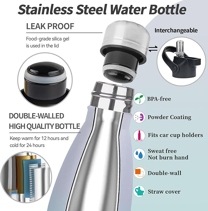 Insulated Water Bottle, 2 Pack-9oz Stainless Steel Water Bottles with straw lid, Metal Sports Water Bottles for Boys,Girls, Double Wall Vacuum BPA-Free Flask for School (Sunset & Sea)