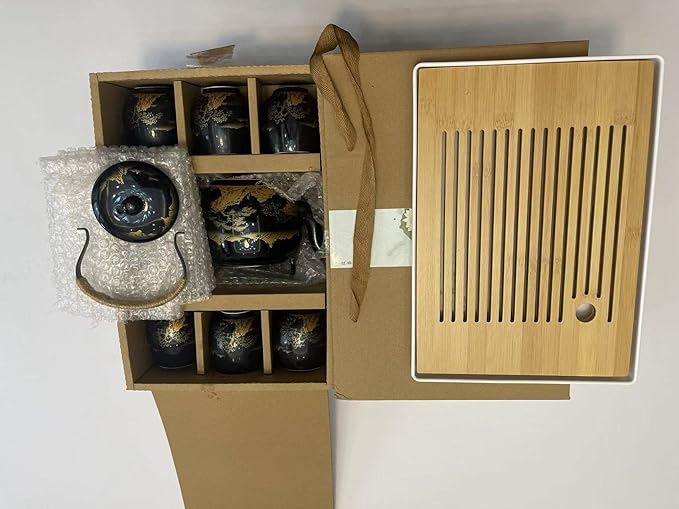 Japanese Tea Set, Black Glazed Tea Set in Gift Box With 1 Teapot, 1 Tea Strainer, 1 Tea Tray and 6 Tea Cups. Ideal Tea Set for Office Home, Asian Tea Sets for Tea Lovers(Landscape Black and Black Cup)