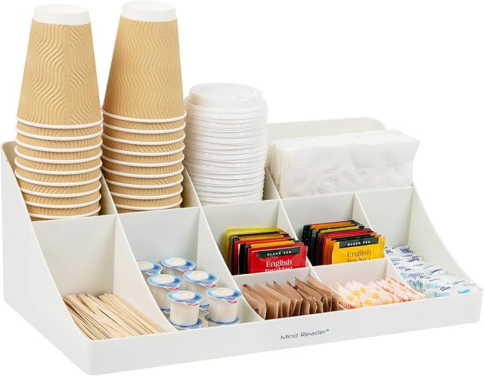 Mind Reader Cup and Condiment Station, Countertop Organizer, Coffee Bar, Kitchen, Stirrers, 17.875"L x 9.5"W x 6.625"H, White