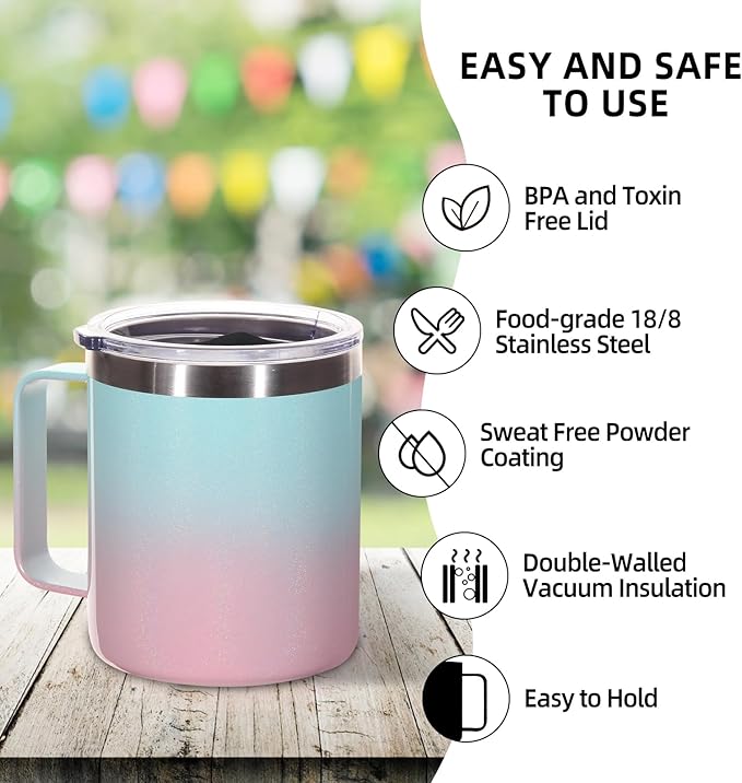 Volhoply 14oz Insulated Stainless Steel Coffee Mug with Lid Bulk 4 Pack,Double Wall Vacuum Travel Coffee Cup with Handle,Reusable Cups Tumbler,Camping Mugs Keep Hot,Ideal Gifts(Green Pink,4)