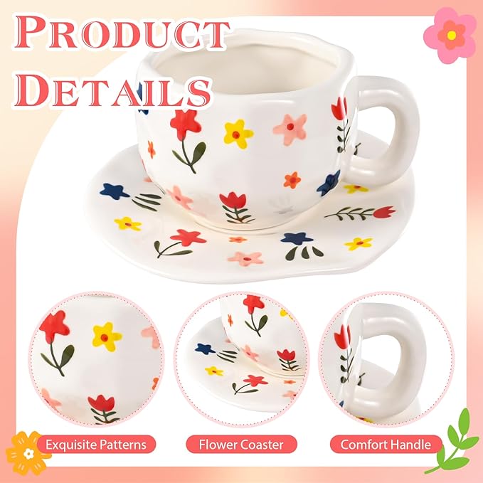 Ceramic Coffee Mug Vintage Flower Mugs 8 oz Cute Floral Coffee Mugs Irregular Latte Art Cup Lead-free Porcelain Cups for Cappuccino, Cocoa (Blue and Pink Mug with Saucers)