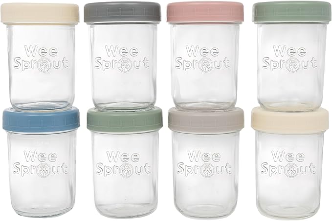 WeeSprout Glass Baby Food Storage Jars w/Lids (8 oz, 8 Pack Set) Snack, Puree, Reusable Small Containers, Breast Milk, Fridge or Freezer, Microwave & Dishwasher Safe, Essential Must Have for Infants