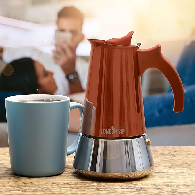 London Sip Stainless Steel Stovetop Espresso Maker Moka Pot Italian Coffee Percolator, Copper, Medium (10.14 oz)