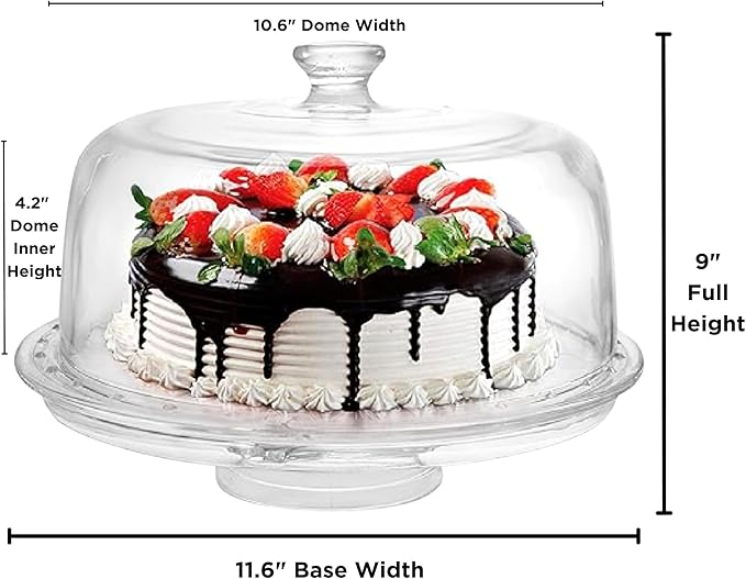 JOEY'Z Extra Large (12") 6 in 1 Acrylic Cake Stand with Dome Lid Multifunctional Serving Platter and Plate, Salad Bowl/Veggie Platter/Punch Bowl/Desert Platter/Chips & Dip - BPA Free