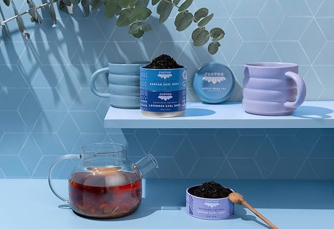 JusTea EARL GREY TEA TRIO | Stacking Tins Variety Pack with Hand Carved Tea Spoon | Loose Leaf Tea | High Caffeine | Fair Trade | Non-GMO