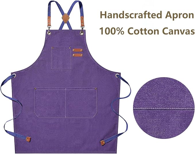AFUN Chef Aprons for Men Women with Large Pockets, Cotton Canvas Cross Back Heavy Duty Adjustable Work Apron, Size M to XXL (Purple)
