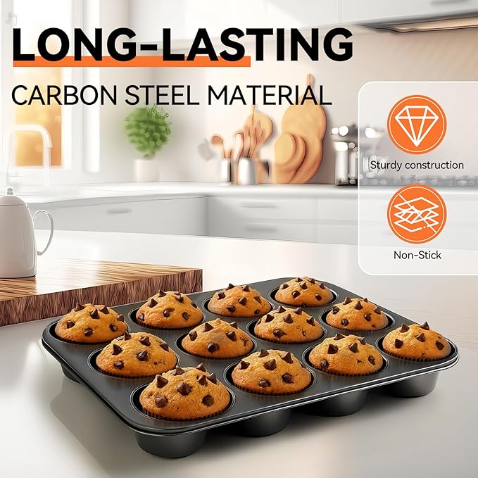 Yoehka 2 Pack Muffin Pan for Baking, Nonstick Cupcake Pan Set, Standard 12-Cups Muffin Tin for Baking Cupcakes & Mini Pies, Carbon Steel Baking Supplies