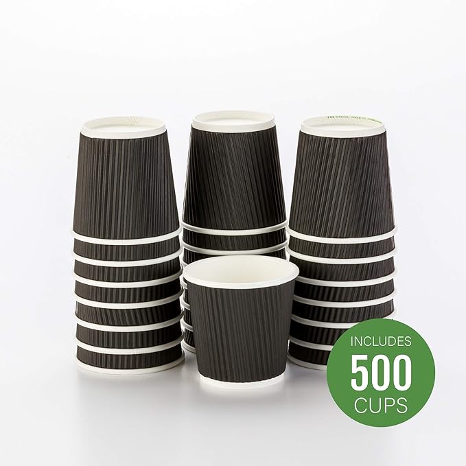 500-CT Disposable Black 4-OZ Hot Beverage Cups with Ripple Wall Design: No Need for Sleeves - Perfect for Cafes - Eco-Friendly Recyclable Paper - Insulated - Wholesale Takeout Coffee Cup