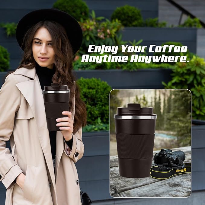 Vacuum-Insulated Stainless Steel Travel Coffee Mug, Leak-Proof Reusable Coffee Cup with Lid - Keep Hot & Cold Drinks for Hours, Durable Thermos Tumbler for Men & Women (3rd-Dark Coffee, 17OZ)