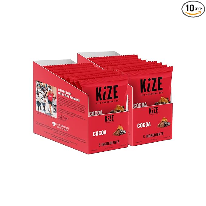 KiZE Energy Bars - Cocoa - 20-Count - Gluten Free, Non-GMO, and High Protein Meal Replacement Energy Bars, Clean and Simple Food Ingredients - 10g High Protein Snacks (20 Count)