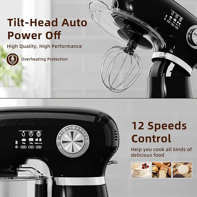 Cowsar Stand Mixer, 12 Speeds Tilt-Head Electric Commercial Stand Mixer, 3-In-1 Kitchen Mixer with Bowl, Dough Hook, Whisk and Beater, Black