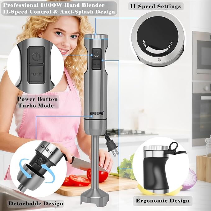 Handheld Immersion Blender, 1000W Powerful 10-in-1 Set for Smoothies,Orange Juicer, Egg Beater, Dough Hook, Vegetable Chopper, Potato Masher (11th Accessory Not Recommended)