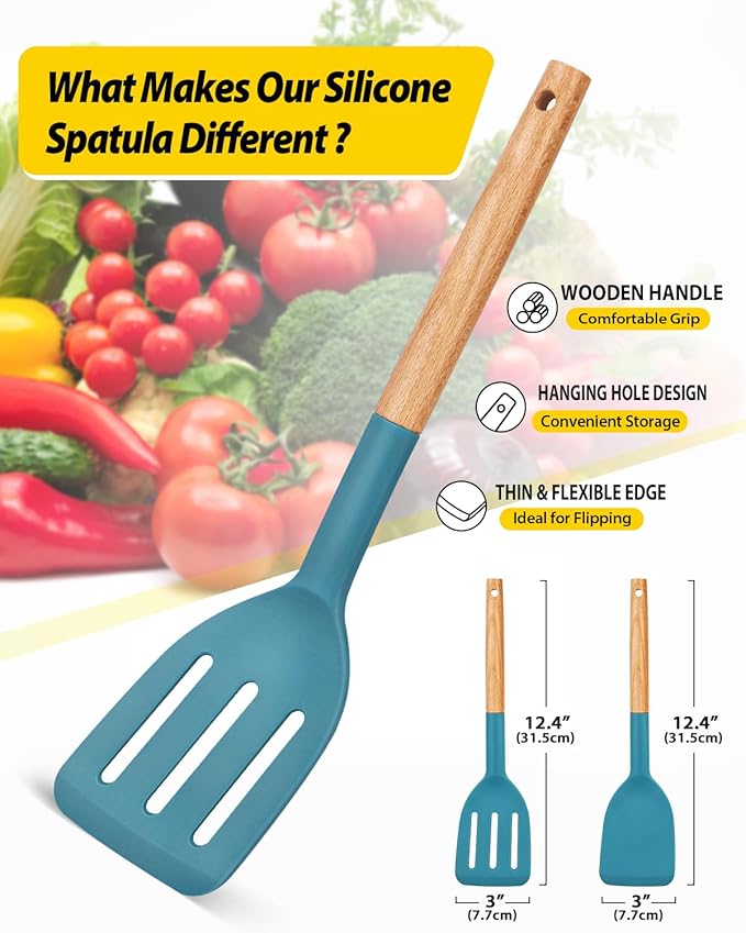 Pack of 2 Silicone Cooking Spatula, Heat Resistant Solid Turner, Non Stick Slotted Spatulas with Wooden Short Handle,Ideal Wood Kitchen Utensils Set for Frying, Baking, Flipping, Turning