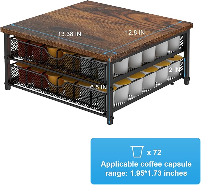 Coffee Pod Drawer Holder Capsule Storage Organizer 2 Tier Coffee Pods Holder With Sliding Baskets for 72 Capacity K Pod, Suit for Home Office Cafe Counter (Black)