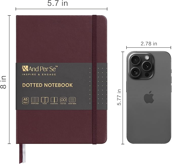 &And Per Se Dotted Journal Notebook, A5 Hardcover Leather Bullet Dotted Journal, 160 Pages 100 gsm Thick Paper，3 Sheets of Stickers Included - 5.7'' x 8''（Dark Red）