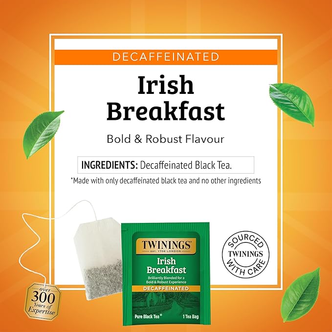 Twinings Decaffeinated Irish Breakfast Black Tea Individually Wrapped Bags, 20 Count (Pack of 6), Flavourful, Robust, Enjoy Hot or Iced, 120 Teabags