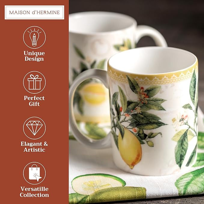 Maison d' Hermine Coffee Mug with Handles Fine Bone China Mugs Pack of Two Tea Cups for Hot Beverages Cappuccino Latte Home Restaurant Office Perfect for Gift (Limoncello, 12 Ounce)