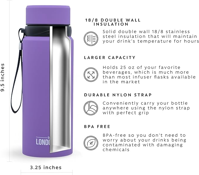 London Sip 25 oz Multi-Purpose Tea Infuser Mug – Fruit Infuser Water Bottle for Hot and Cold – Double Wall Stainless Steel Insulated, Purple