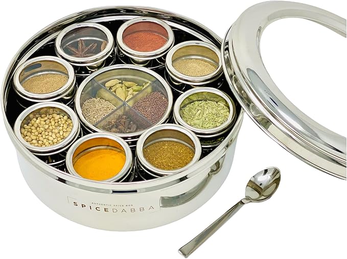 spice dabba Stainless Steel Indian Spice Box, Steel Masala Dabba 12 Spices, Lid Spice Box, Authentic Spices, Masala Box with Individual containers | Size 9 x 9 x 3 IN (Indian Spice Box Only)