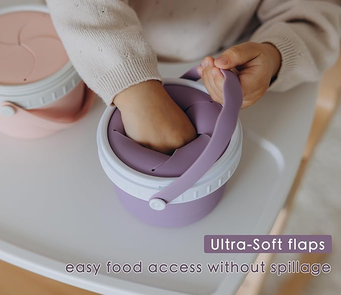 No Spill Silicone Toddler Snack Containers, Detachable Silicone Flap for Filling&Cleaning, Crumb-Free Hard Plastic Screw Travel Lid, Ultra-Soft for Baby Kids Hand In-Out, Snack Cup Holder 12 oz