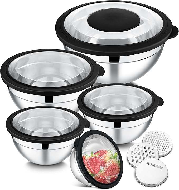 E-far Mixing Bowls Set of 5, Stainless Steel Salad Mixing Bowl with Transparent Lid, Metal Nesting Bowl Attach with 3 Graters for Kitchen Prepping/Serving/Baking/Storage, 4.6/2.6/1.5/1/0.7 QT - Black