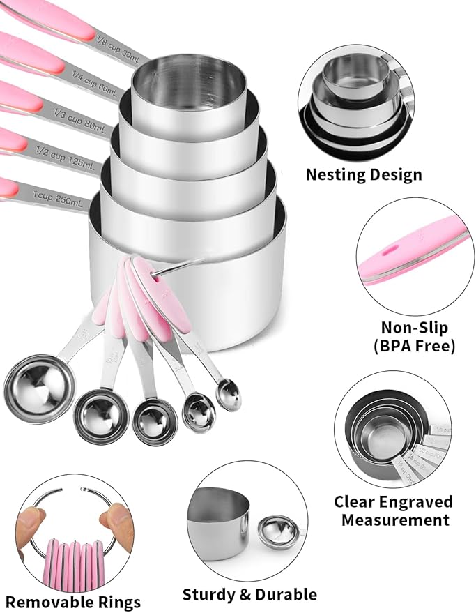 Joyhill Stainless Steel Measuring Cups and Spoons Set of 10 Piece, Nesting Metal Measuring Cups Set with Soft Touch Silicone Handles for Dry and Liquid Ingredients, Cooking & Baking (Pink)