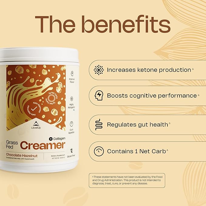 LevelUp Creamer, with Energizing MCT Oil and Collagen Peptides, Keto Coffee Creamer, Supports Natural Energy & Ketone Production - Chocolate Hazelnut, 22 oz