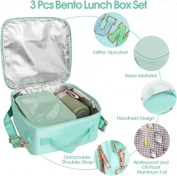 Girl Lunch Bag with 6 Compartment Bento Box with 10oz Thermo- Preppy Green Nylon Insulated Lunch Box Adjustable Strap, Birthday Gift For Girl Kids Teens Travel Picnic School