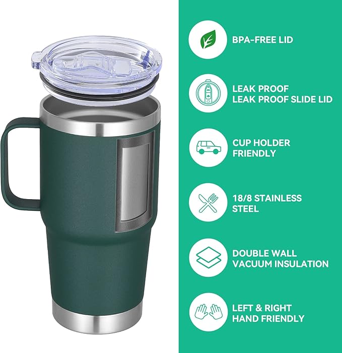 VEGOND 20 oz Tumbler Bulk with Handle Lid and Straw, Stainless Steel Insulated Travel Coffee Mug Set, Spill Proof Double Wall Metal Tumblers Cups, Dark Green 6 Pack