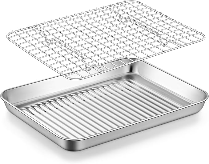 TeamFar 10.5'' Stainless Steel Compact Baking Pan Toaster Oven Tray with Cooling Rack, Corrugated Bottom & Grid Mesh Rack, Non-Toxic & Heavy-Duty