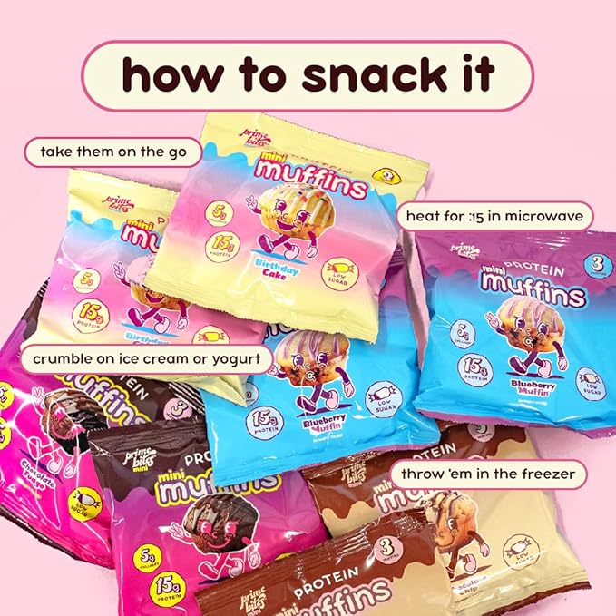 Prime Bites Minis | Protein Mini Muffins from Alpha Prime Supplements | High Protein, Collagen Fortified Low Sugar Treat | Delicious Snack | 12 Packs per Box - Variety Pack