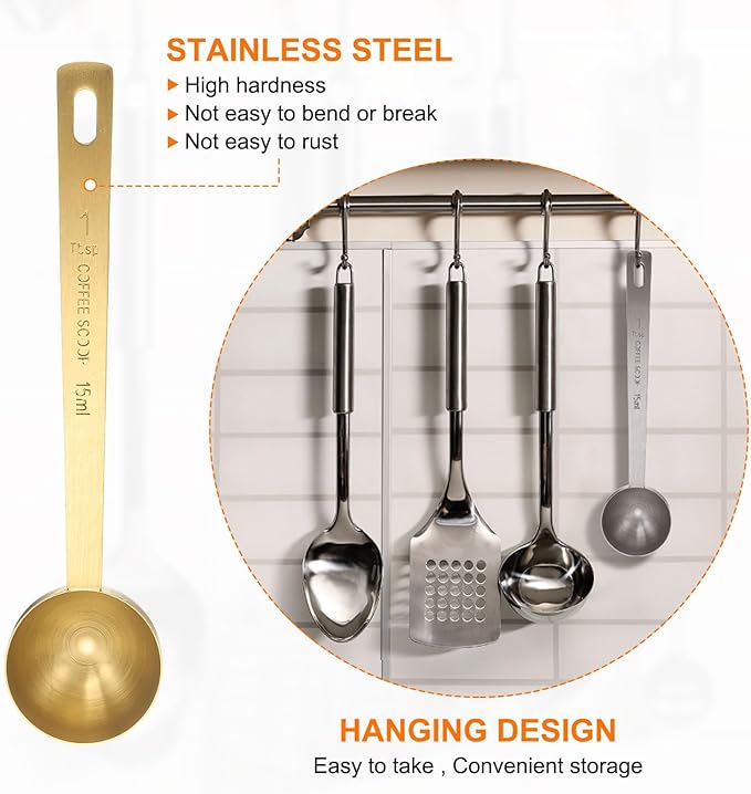 HARFINGTON 3pcs Coffee Scoop Spoon 1tbsp (3tsp, 15ml) 304 Stainless Steel Long Handle Teaspoon/Tablespoon Measuring Spoons Scoops for Tea Sugar Kitchen, Gold