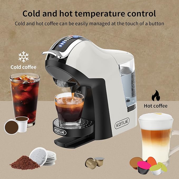 KOTLIE Hot&Cold brewing Single Serve Coffee Maker for K*eurig K*cup, Small Espresso Coffee Machine for D*olce G*usto/N*es Original/Ground Coffee/44mm ESE,Adjustable TEMP&Water Volume, 1L Water Tank