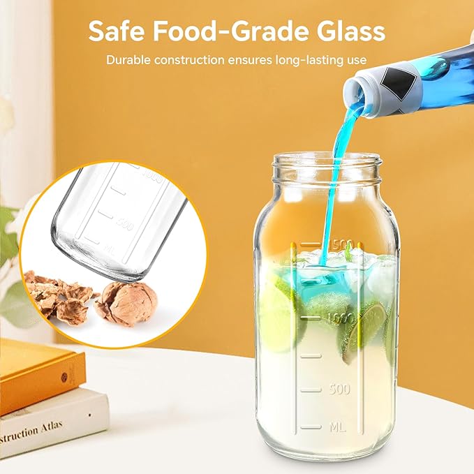 Mason Jar Pitcher, 64 OZ Glass Pitcher with Lid Double Leak-proof with Handle Water Jug Wide Mouth Breast Milk Pitcher Fridge Container for Water, Juice, Iced Coffee, Tea, Juice （Black）