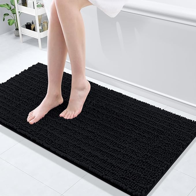 Arotive Luxury Chenille Bathroom Rug Mat, Extra Soft Thick Absorbent Shaggy Bath Rugs, Non-Slip Machine Wash Dry, Plush Bath Mats for Bathroom, Shower and Tub, 47x17, Black